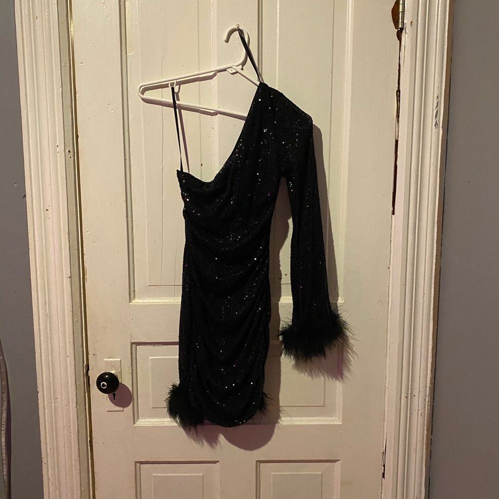 Windsor Black Long Sleeve Dress with Feather Cuffs